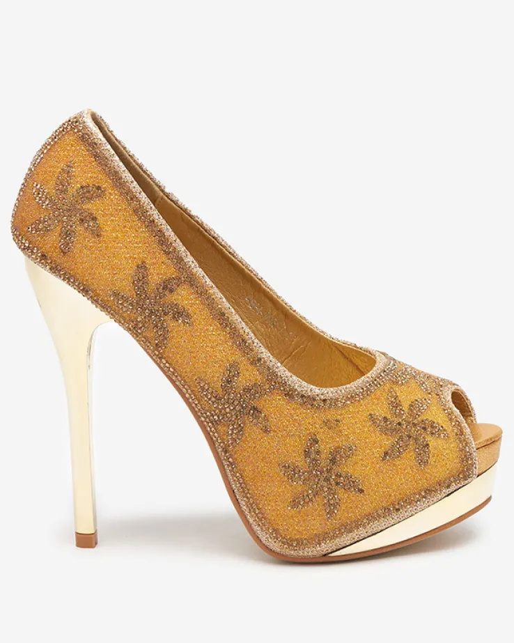 Royalfashion Złote brokatowe damskie szpilki z cyrkoniami Yilla