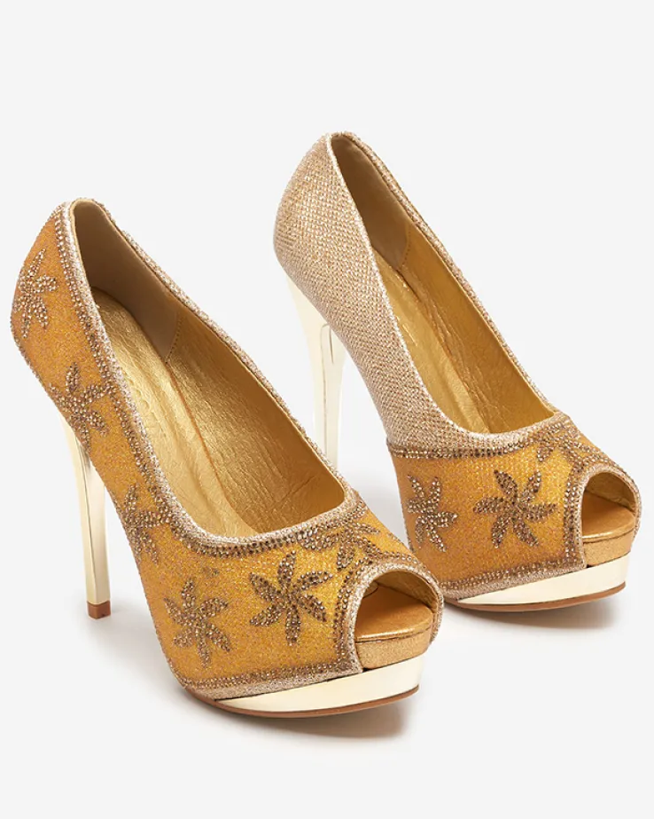 Royalfashion Złote brokatowe damskie szpilki z cyrkoniami Yilla