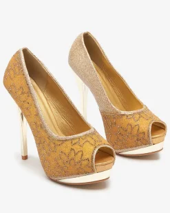 Royalfashion Złote damskie brokatowe czółenka z cyrkoniami Vida