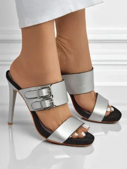 Sandaly Aletheia srebrne na szpilce 12cm skóra ekologiczna opinane paseczki