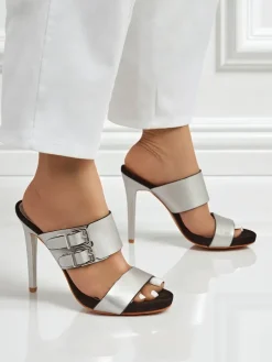 Sandaly Aletheia srebrne na szpilce 12cm skóra ekologiczna opinane paseczki