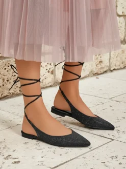 Sandały Damiane Nero - Czarne baleriny wiązane z tkaniny, płaski obcas