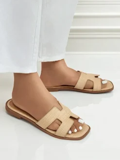 Sandały damskie beżowe Letizia wygodne płaskie skóra ekologiczna lato