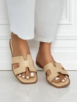 Sandały damskie beżowe Letizia wygodne płaskie skóra ekologiczna lato