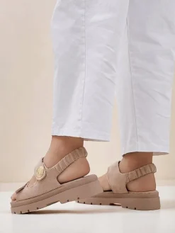 Sandały damskie beżowe Royalfashion Callista na platformie z zamszu