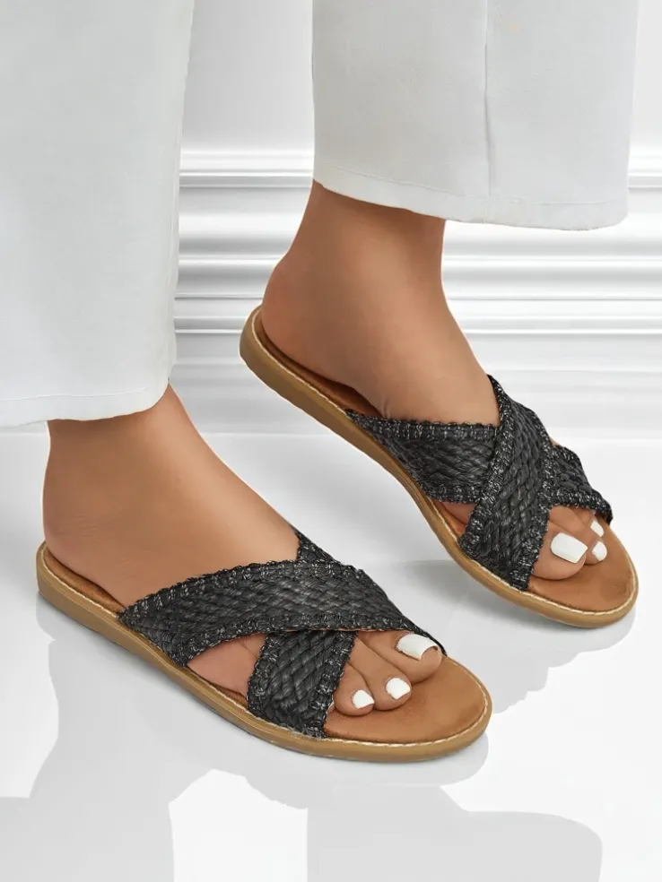 Sandały damskie Calista Nero płaskie, czarna plecionka, skóra ekologiczna
