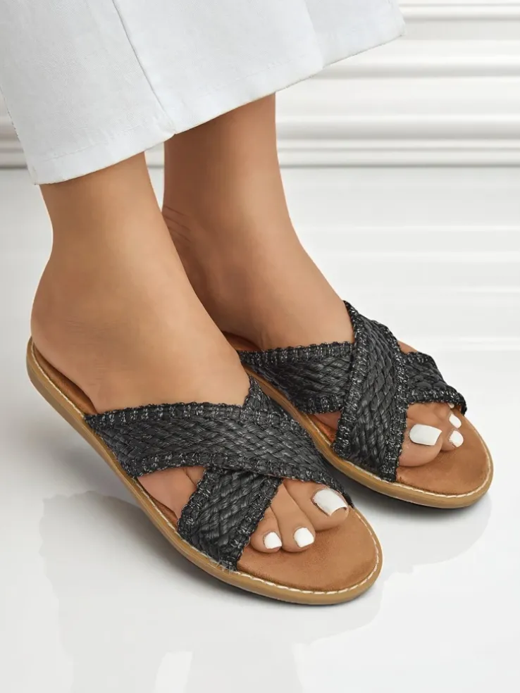 Sandały damskie Calista Nero płaskie, czarna plecionka, skóra ekologiczna