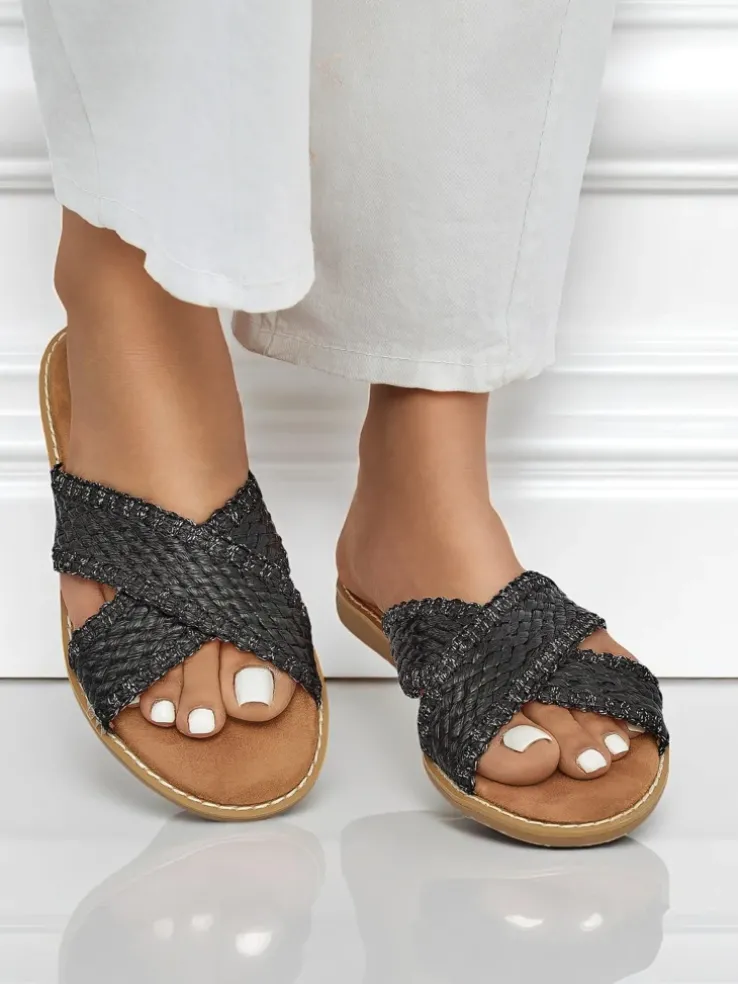 Sandały damskie Calista Nero płaskie, czarna plecionka, skóra ekologiczna