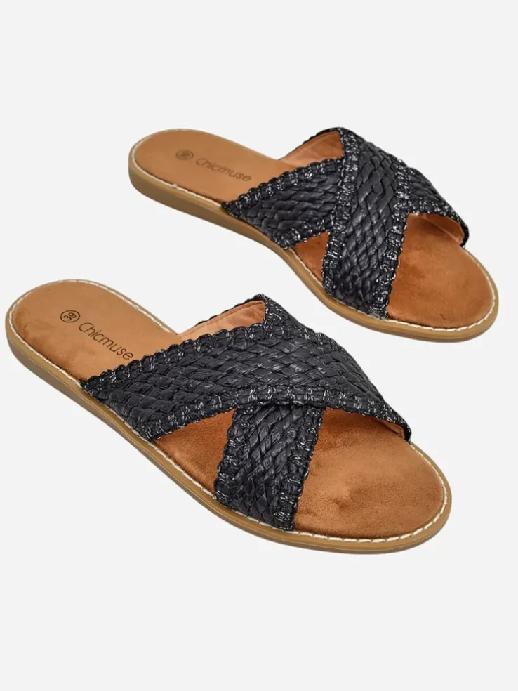Sandały damskie Calista Nero płaskie, czarna plecionka, skóra ekologiczna