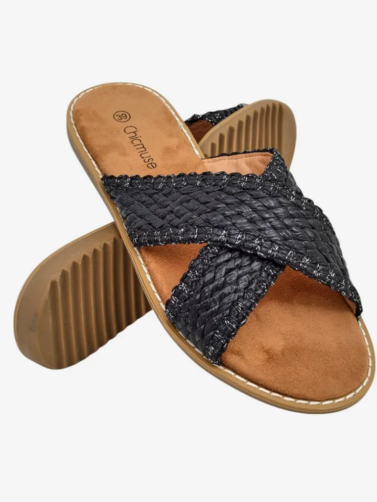 Sandały damskie Calista Nero płaskie, czarna plecionka, skóra ekologiczna