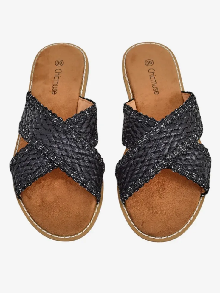 Sandały damskie Calista Nero płaskie, czarna plecionka, skóra ekologiczna