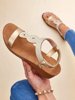 Sandały damskie na koturnie Aurelia Royalfashion złote skóra ekologiczna