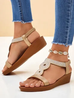 Sandały damskie na koturnie Aurelia Royalfashion złote skóra ekologiczna