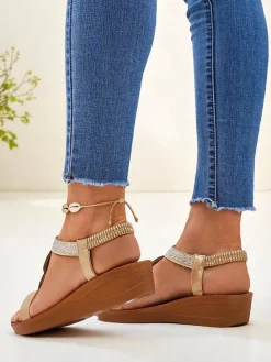 Sandały damskie na koturnie Aurelia Royalfashion złote skóra ekologiczna