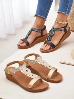 Sandały damskie na koturnie Aurelia Royalfashion złote skóra ekologiczna