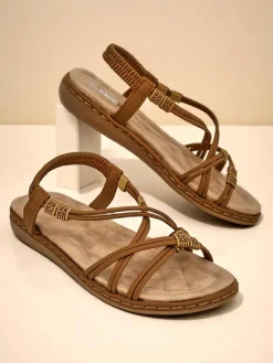 Sandały damskie Royalfashion Cressida camel płaski komfort skóra eco lato