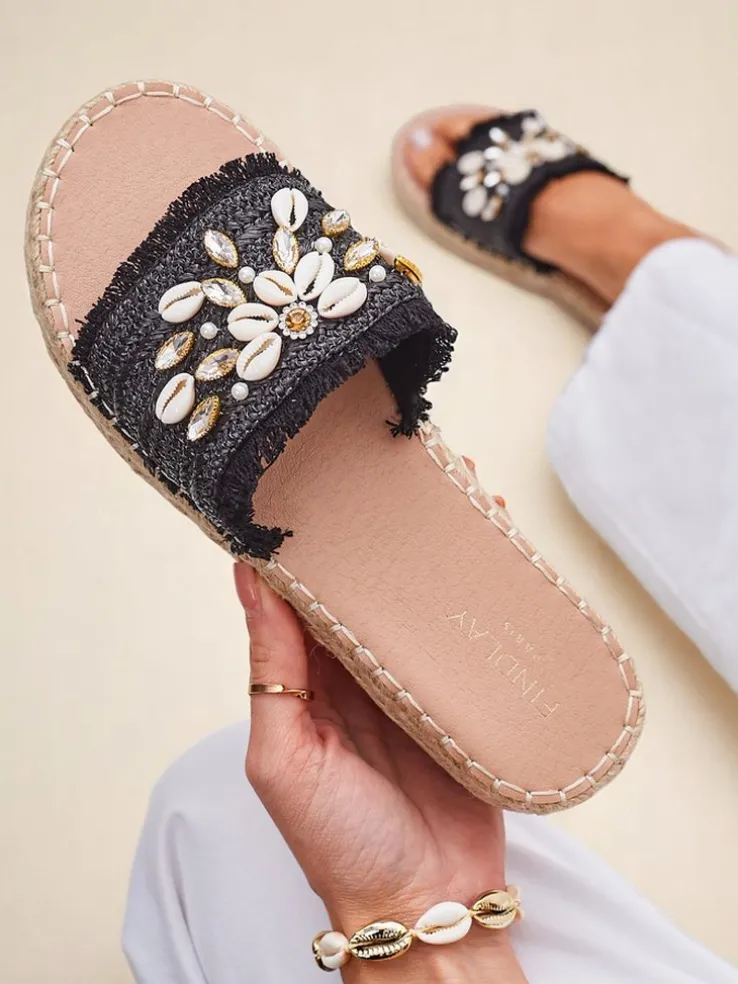 Sandały damskie Royalfashion Helena Decor czarne espadryle z muszelkami