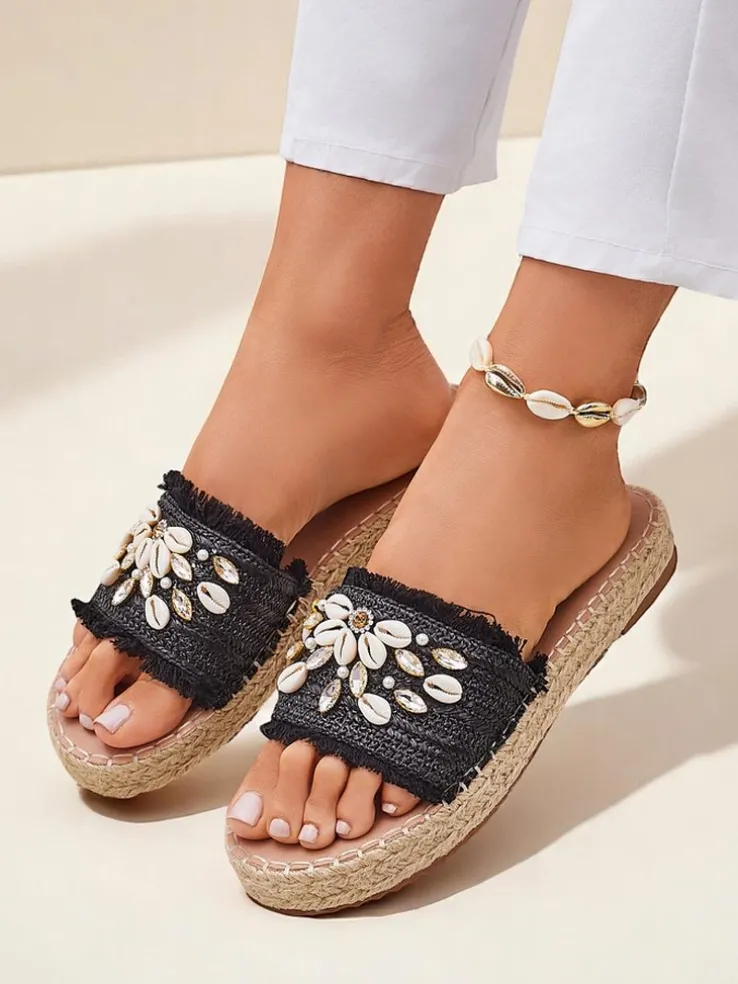 Sandały damskie Royalfashion Helena Decor czarne espadryle z muszelkami