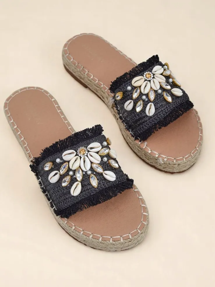 Sandały damskie Royalfashion Helena Decor czarne espadryle z muszelkami