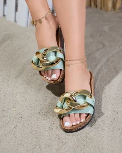 Sandały damskie Thalia Royalfashion zielone z łańcuchem na płaskiej podeszwie