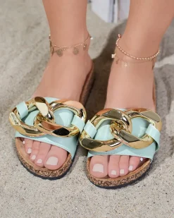 Sandały damskie Thalia Royalfashion zielone z łańcuchem na płaskiej podeszwie