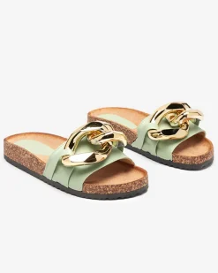 Sandały damskie Thalia Royalfashion zielone z łańcuchem na płaskiej podeszwie