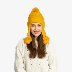 Żółta damska ocieplana czapka z pomponami - Akcesoria