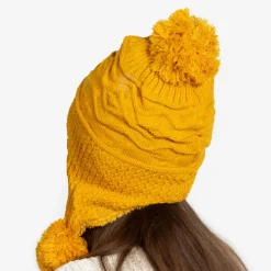Żółta damska ocieplana czapka z pomponami - Akcesoria