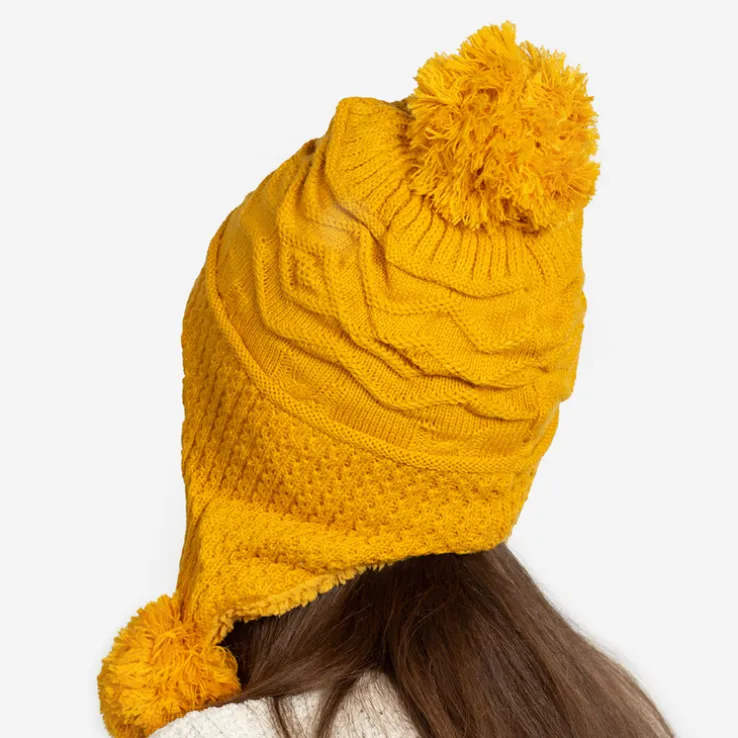Żółta damska ocieplana czapka z pomponami - Akcesoria