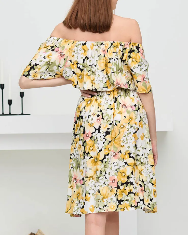 Żółta sukienka do kolana w różnobarwny kwiatowy wzór- Odzież