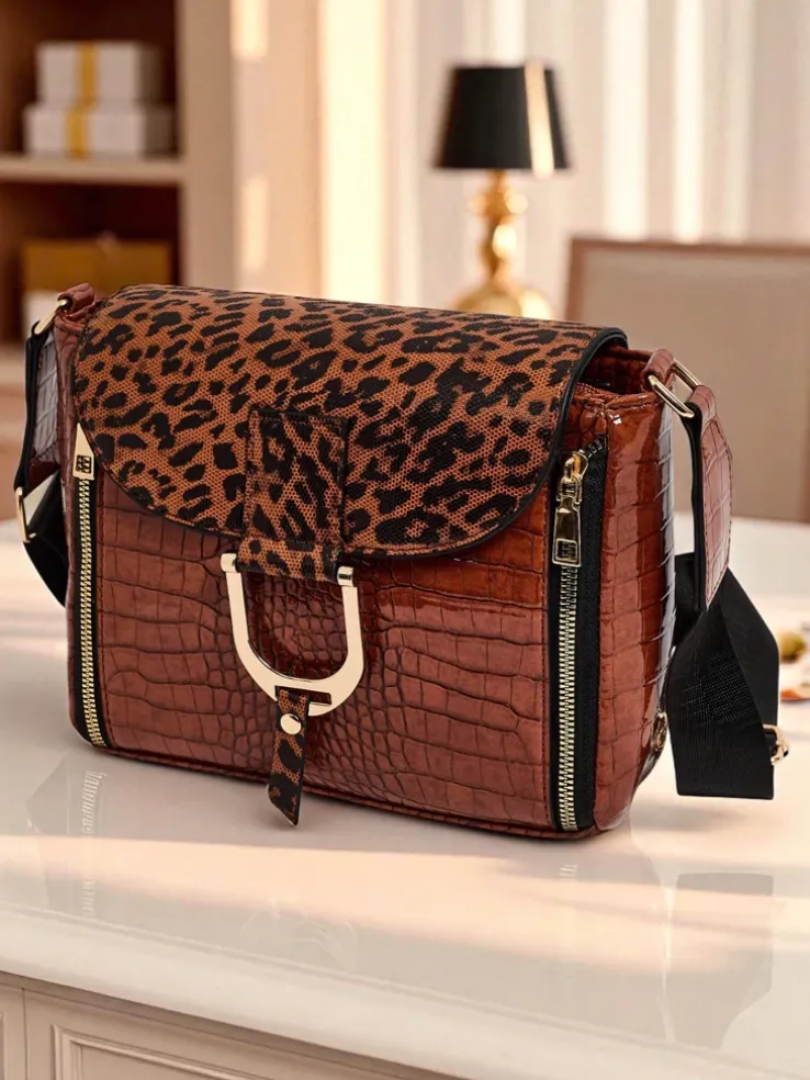 Torebka Ariadne Camel Croco z Panterkową Klapką – Stylowa Listonoszka