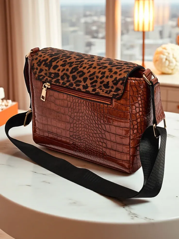 Torebka Ariadne Camel Croco z Panterkową Klapką – Stylowa Listonoszka