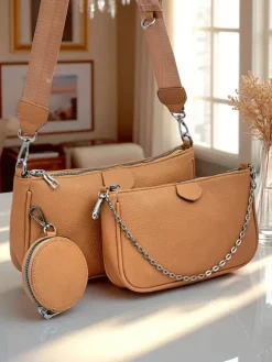 Torebka damska Aurora Multi z ekoskóry jasny brąz łańcuszek zip