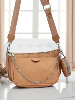 Torebka damska Aurora Multi z ekoskóry jasny brąz łańcuszek zip
