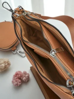 Torebka damska Aurora Multi z ekoskóry jasny brąz łańcuszek zip