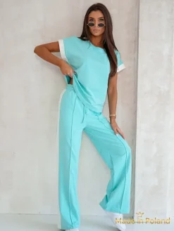 Turkusowy zestaw damski Callista – bawełniany komplet z szerokimi spodniami