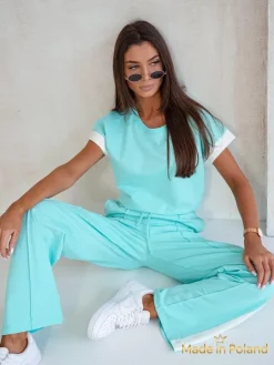 Turkusowy zestaw damski Callista – bawełniany komplet z szerokimi spodniami